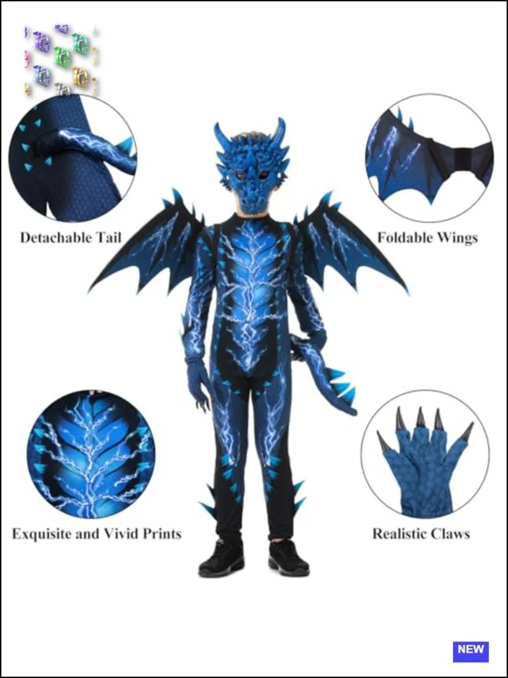 Boys Dragon Costume with Mask and Lightning Wings Halloween Fancy Dress Set